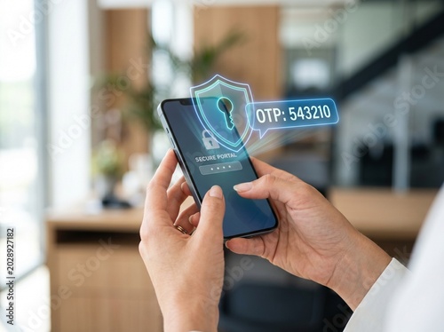 User holding smartphone with security shield and OTP code interface, representing two factor authentication, login protection, mobile cybersecurity and secure digital identity verification. 
