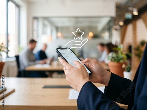 Customer using smartphone with reward icon represents redeem points, loyalty rewards, promo vouchers, cashback offers, and digital membership benefits in modern mobile shopping experiences.