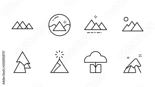 Set of mountain icons in simple line style with various designs and elements