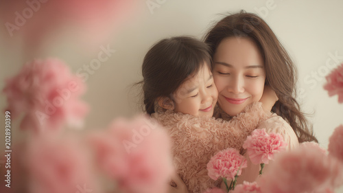Mothers Day, Valentines Day, love holiday theme. A mother and daughter embracing in a loving hug surrounded by pink flowers. The mother, wearing a lightcolored dress.