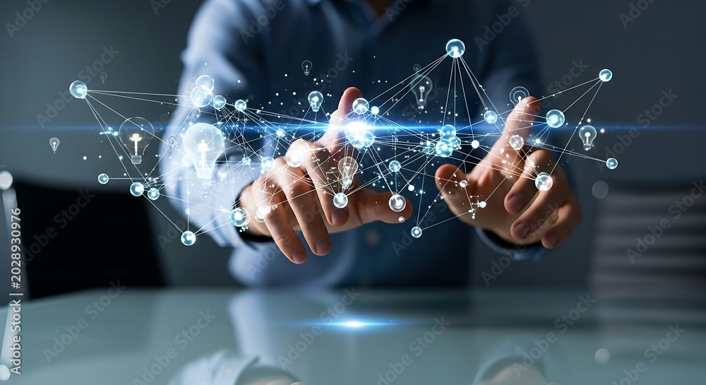 Fototapeta premium Connecting ideas into a strategy. A project manager's hands connect several 'dots' to form a 'constellation' hologram, symbolizing the connection of ideas.