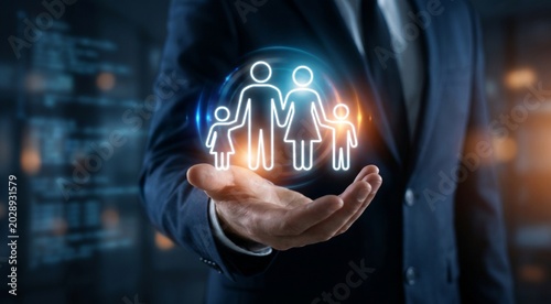 a businessman holding a glowing holographic family icon above an open palm, futuristic family protection and insurance concept, white neon silhouette of parents and children, dark black background