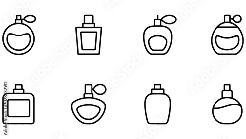 Various perfume bottle icons in different shapes and sizes on white background