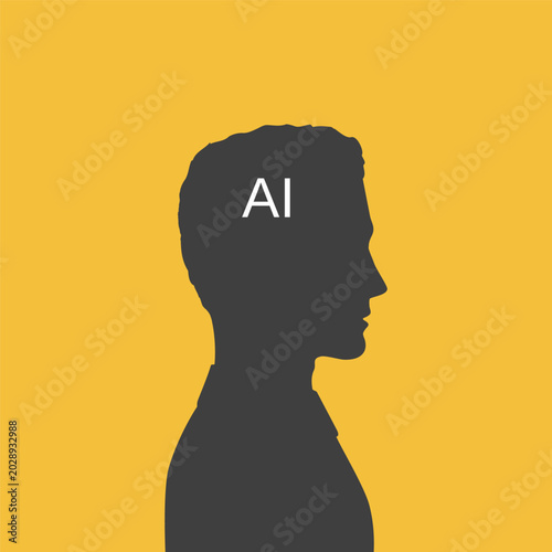 Silhouette profile of man with abbreviation 'AI' in his head - metaphor of using AI instead of own thinking. Poster of actual society problem.