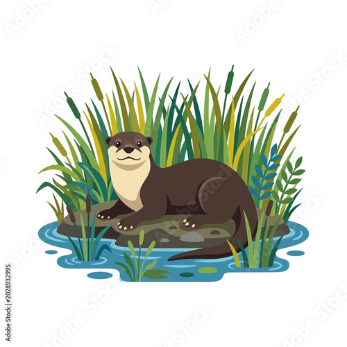 Cute otter resting on a rock in a pond surrounded by reeds