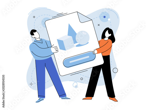 Man and woman holding a large document with 3D shapes vector illustration. Graphic design, creative project, 3D modeling, collaboration, digital art, portfolio. People carrying a big sheet