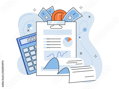 Clipboard with financial charts and calculator vector illustration. Business accounting, tax filing, budget planning, investment, audit, wealth management. Document with graphs and electronic device