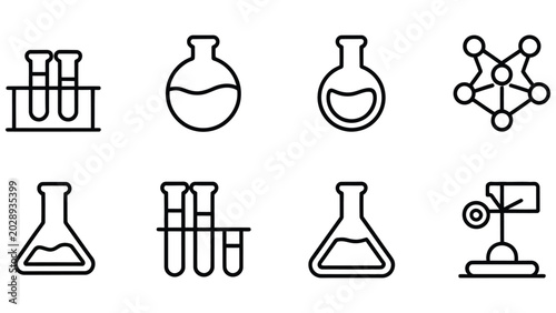 Photos Black line icons of various laboratory equipment and molecular structure on whit