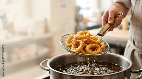 Chef scooping crispy deep fried calamari rings out of hot boiling oil with metal skimmer strainer
