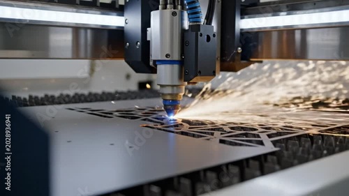 Industrial laser cutter machine cutting through sheet metal with intense sparks and precision in a factory setting