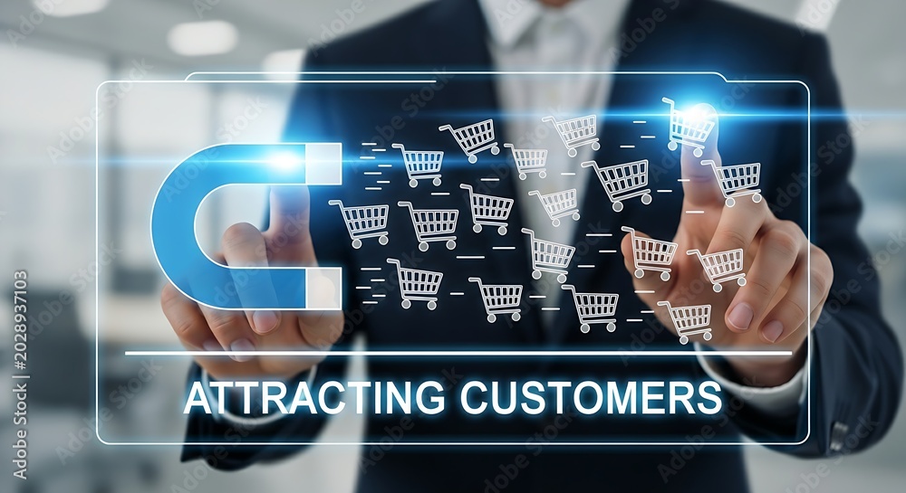 Fototapeta premium Customer attraction concept. A digital marketer's hands touch a holographic 'magnet' that attracts 'shopping cart' icons, symbolizing customer attraction.