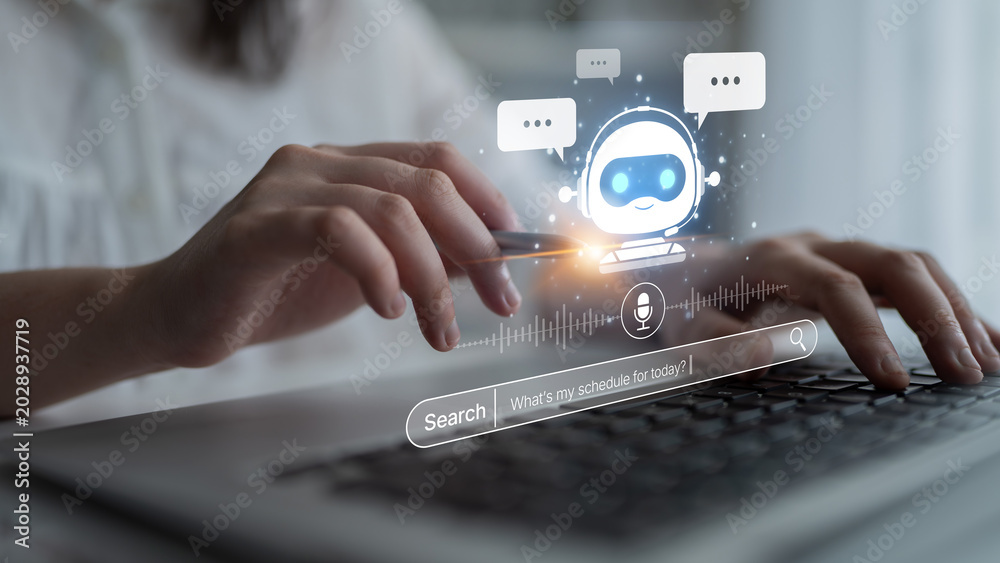 Obraz premium AI assistant with voice chat interface, combining smart chatbot, voice command, and AI-powered control search tools. Agentic AI assistant helps users search and chat naturally. Spline