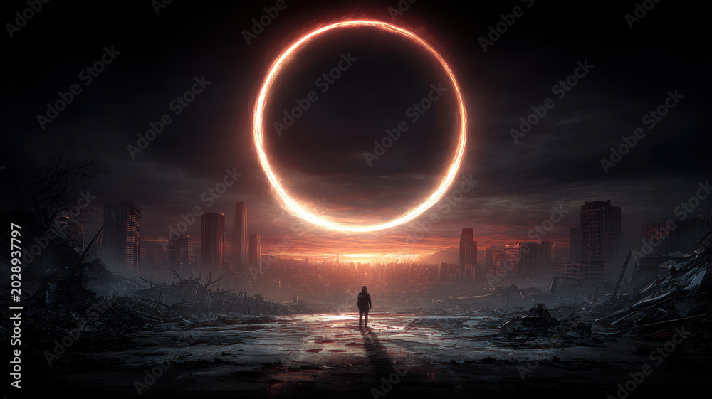 Fototapeta premium Eclipse, fantasy, mysterious, supernatural. A dramatic digital artwork depicts a solitary figure standing in the middle of a desolate landscape. The figure, facing away from the viewer.