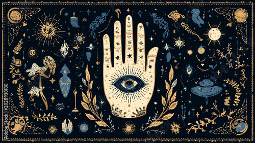 Mystical hand with eye and celestial symbols.