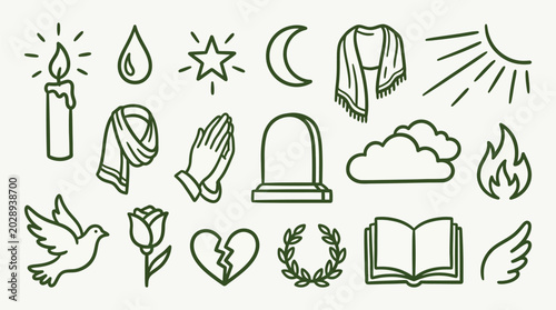 Quadro su tela Collection of symbols representing faith, spirituality, and remembrance, including a candle, dove, rose, and prayer hands