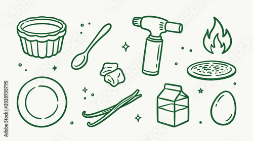 Tableau sur toile Collection of ingredients and tools for making crème brûlée, illustrated in a simple line art style