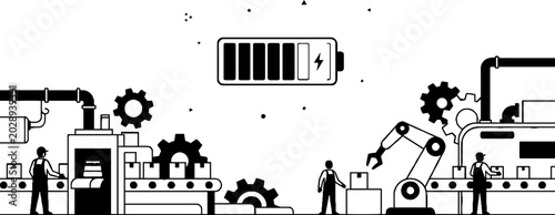 Smart factory workers assembly line with charging battery icon