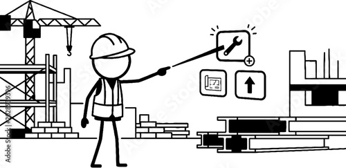 Construction engineer planning project with digital interface icons