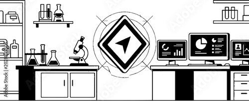 Science laboratory interior with data analysis and navigation icon
