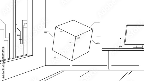 Augmented reality cube floating in modern office workspace