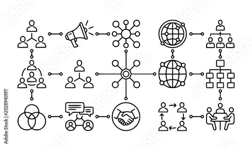 Bild auf Leinwand Business network diagrams communication hierarchy and collaboration line icons