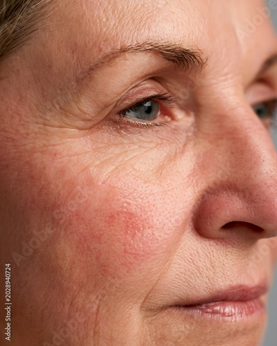 high-detail close-up of menopausal skin with redness and sensitivity,