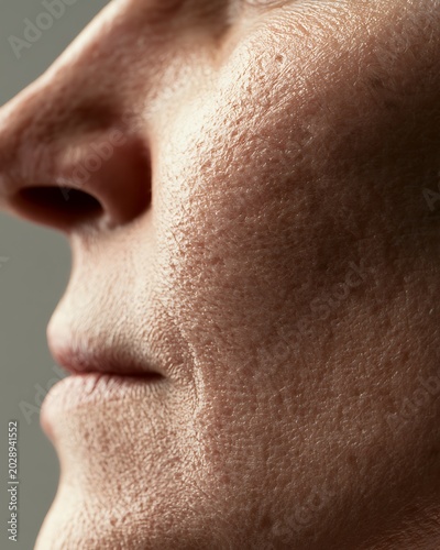 realistic close-up of menopausal cheek skin with collagen loss and rough texture, visible pores and subtle sagging,