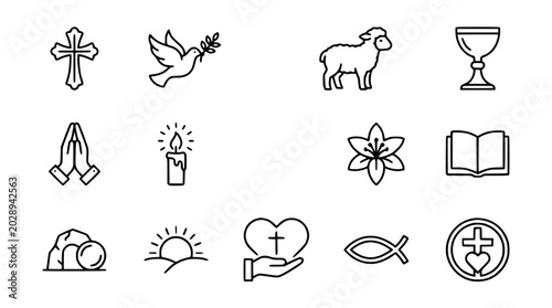 Quadro su tela Christianity Icons Set: Cross, Dove, Lamb, Chalice, Praying Hands, Candle, Lily,