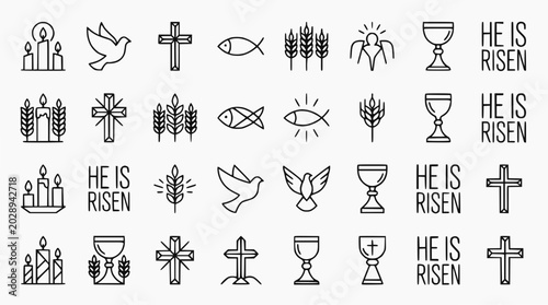 Foto Christian Easter Symbols Icons Set: Cross, Dove, Fish, Chalice, Wheat, Candles,