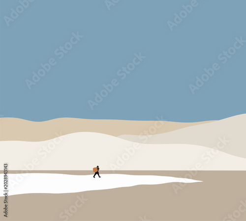 Delivery man carry large package walking on snow with mountain on background. Good delivery service.