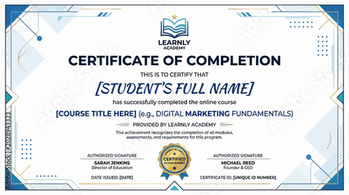 Official digital certificate of completion for an online course from an academy, signifying successful educational achievement and professional skill development