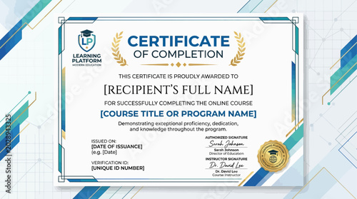 Official Completion Certificate Template for Online Learning Programs and Professional Achievement Recognition - Modern and Formal Document Design