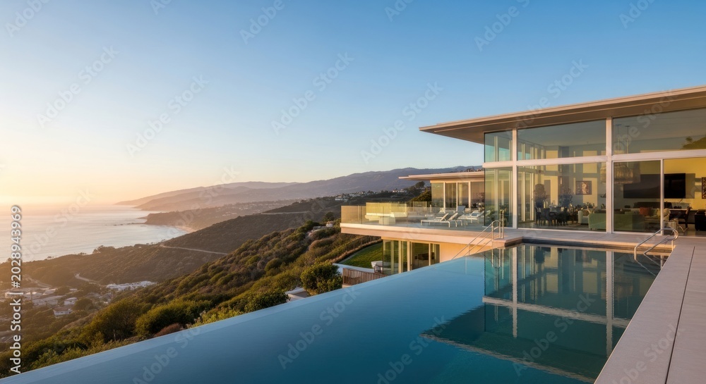 Fototapeta premium Modern Luxury Villa with Infinity Pool Overlooking a Serene Coastal Landscape at Sunset.