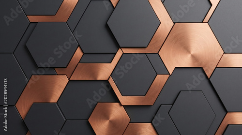 Seamless hexagonal pattern with copper and black metallic tiles in modern style