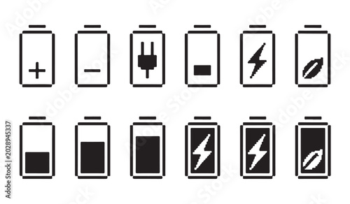 Photos Set of various battery icons in pixelated style including plug leaf and plus minus indicators