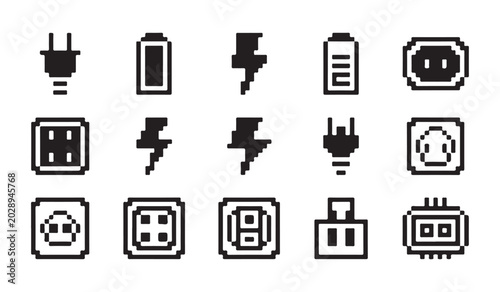 Foto Pixel art icon set featuring various electric plugs and sockets for home appliance connection