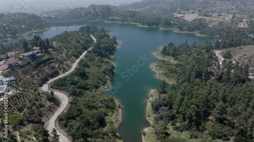 Hollywood Reservoir and Homes Los Angeles California Drone Aerial View