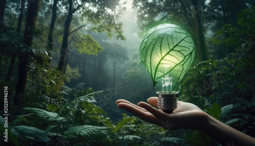 Hand Holding Glowing Leaf Light Bulb in Lush Green Forest