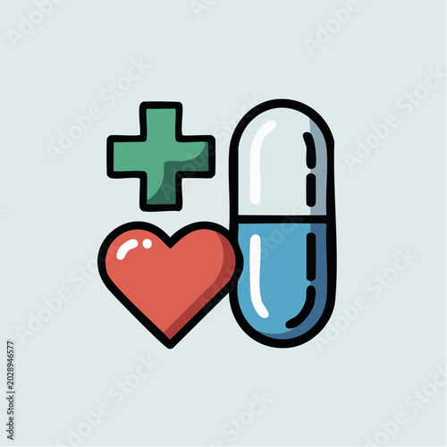 Colorful medical symbol illustration with heart, pill, and cross