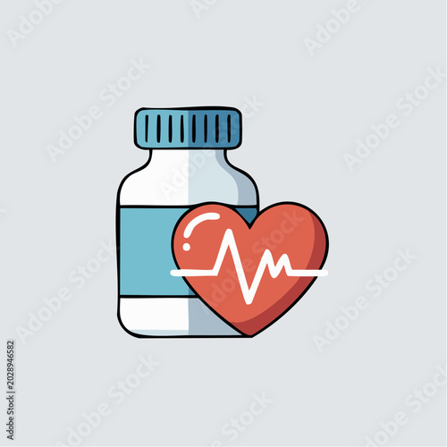 Colorful medical pill bottle with heart health symbol