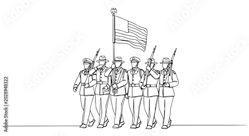 Fotografie US Military Honor Guard Marching with American Flag, Line Art Illustration
