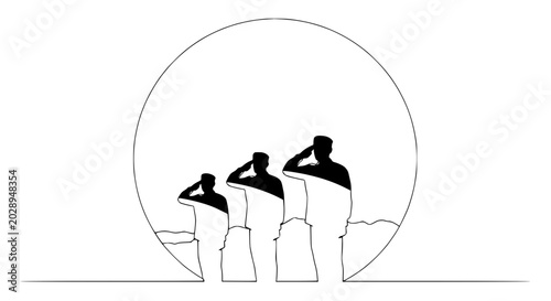 Quadro su tela Three Silhouetted Soldiers Saluting Against Circle Horizon