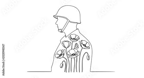 Bild auf Leinwand Soldier with poppies, minimalist line art, remembrance and peace symbol