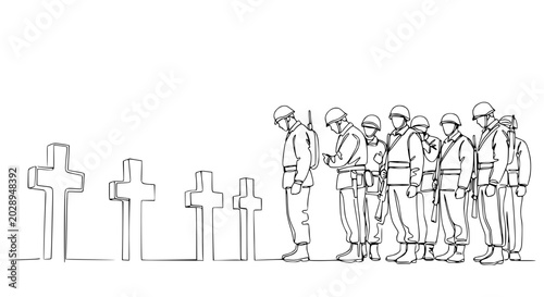 Bild auf Leinwand Soldiers Honor Fallen Comrades at Cemetery, Military Memorial Lineup, Remembranc
