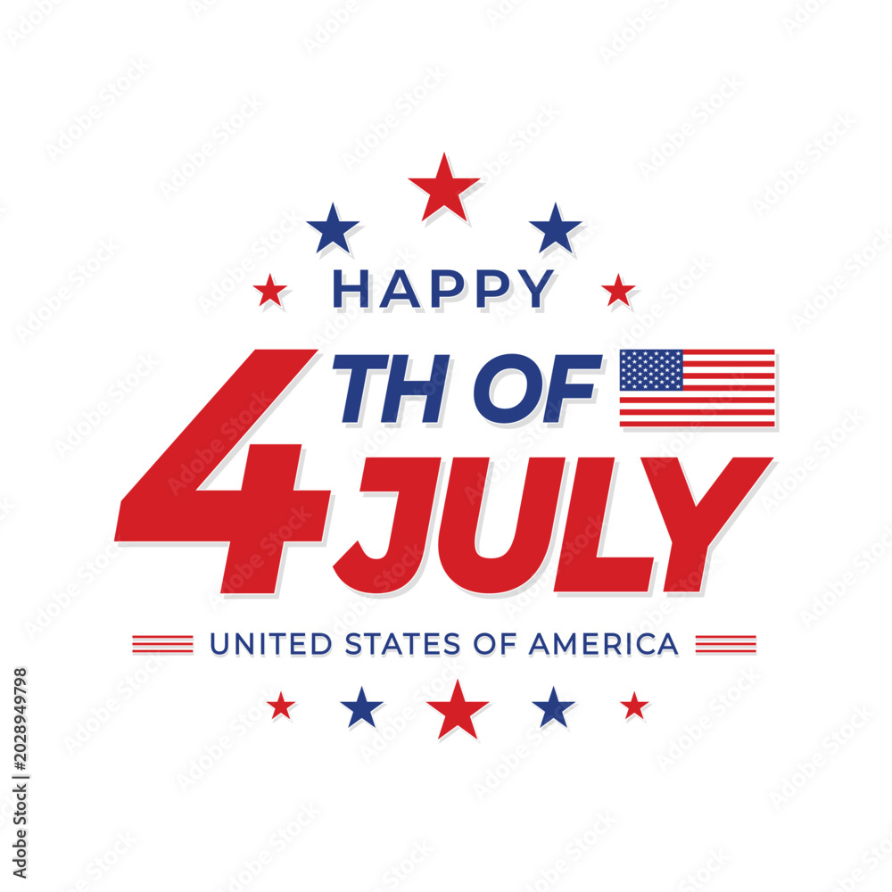 Fototapeta premium Celebration of happy fourth of July typography style design for poster or greeting card design on white background