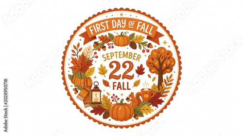 Autumn icon with 'first day of fall' banner seasonal leaves pumpkins and warm lighting on white background
