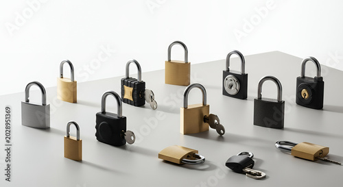 Shiny chrome metal padlock with key symbol of security and protection