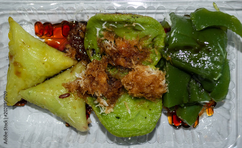 lupis, snacks, traditional, indonesia, sticky, rice sprinkled, grated, coconut, drizzled, liquid, brown sugar, sauce, food, green, fresh, delicious, asian, background, eat, homemade, sweet, 