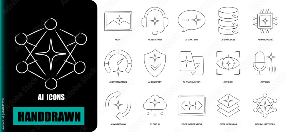 Fototapeta premium Hand-drawn Artificial Intelligence Doodle Icons. Sketch Style Machine Learning and Tech Outline Vector Set.
