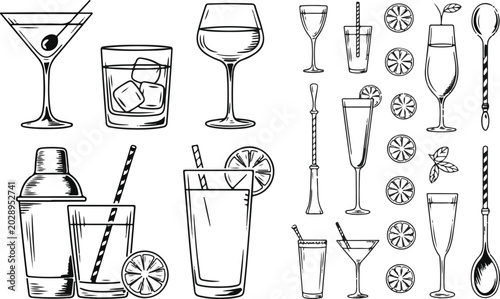Assortment of alcoholic and non-alcoholic drinks and bar tools.